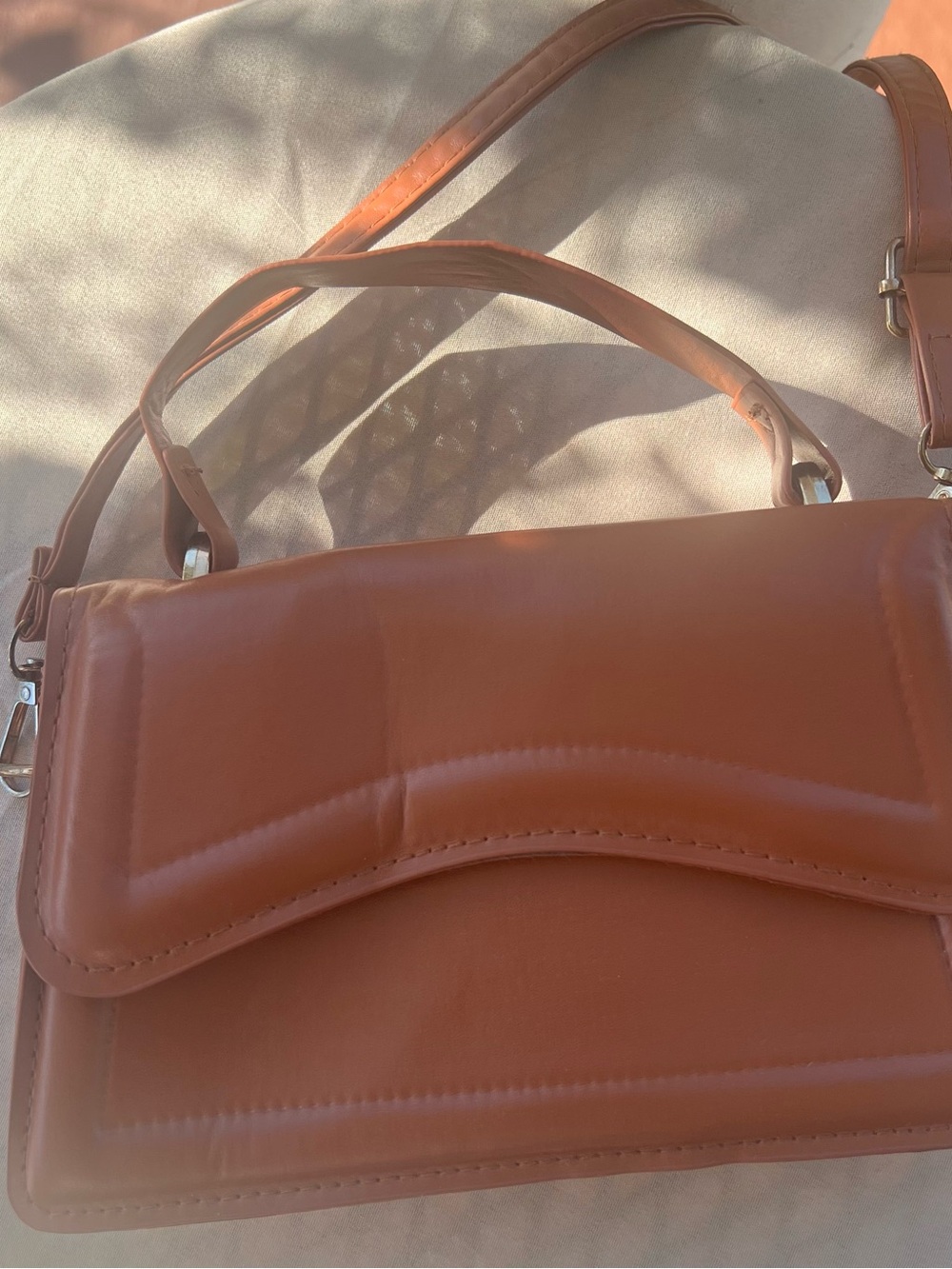 Structured Curved Flap Crossbody Bag in Cognac Brown